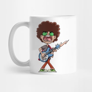 young rocker plays the guitar and sings at the top of his voice Mug